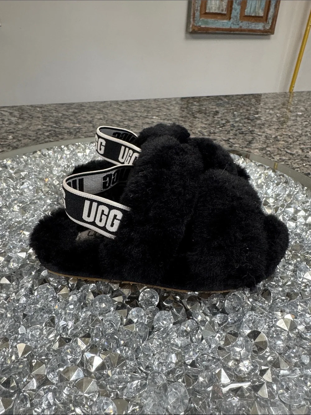 UGG Kids Black Fluffy Slide with Logo Heel Strap EUC 8 toddler